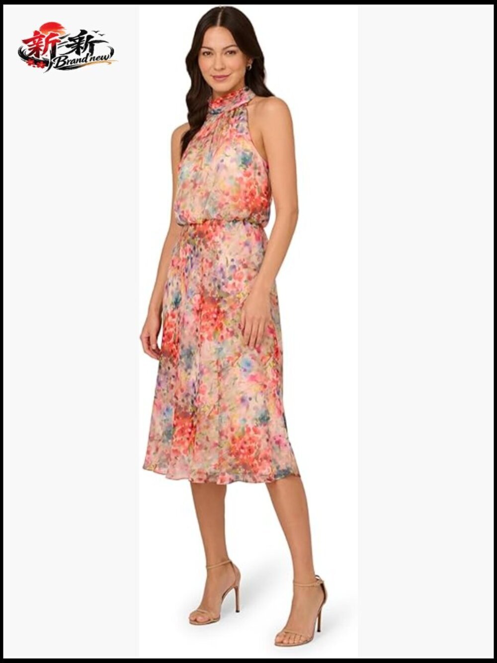 Chiffon Halter Tie Blouson Midi Dress for Cocktail Parties
